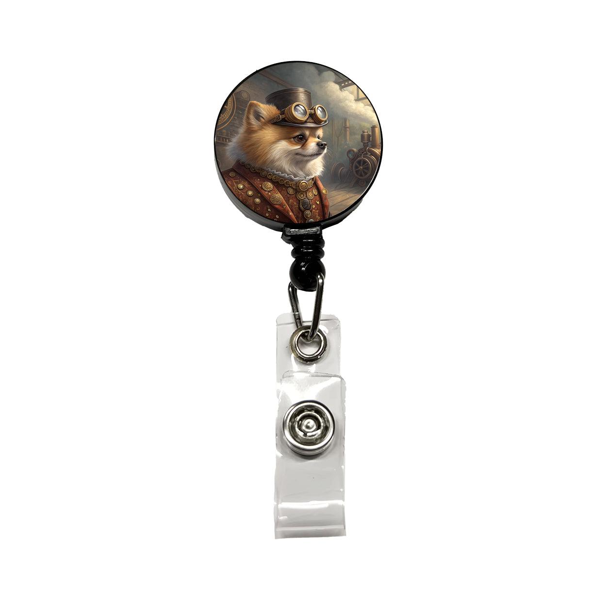 Pomeranian Dog Steampunk Retractable ID Key Card Name Tag Badge Holder with Clip