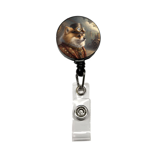 Pomeranian Dog Steampunk Retractable ID Key Card Name Tag Badge Holder with Clip