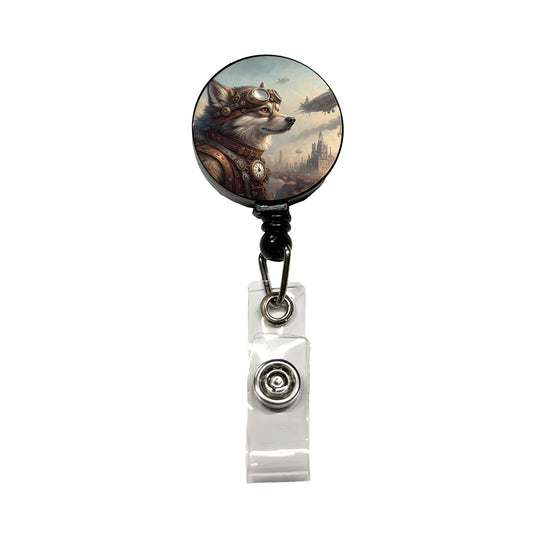 Pomsky Dog Steampunk Retractable ID Key Card Name Tag Badge Holder with Clip