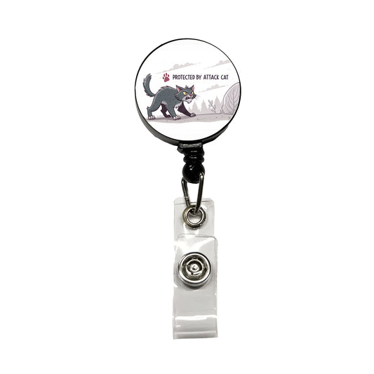 Protected By Attack Cat Funny Retractable ID Key Card Name Tag Badge Holder with Clip