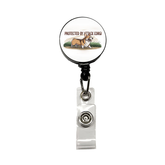 Protected By Attack Corgi Funny Retractable ID Key Card Name Tag Badge Holder with Clip