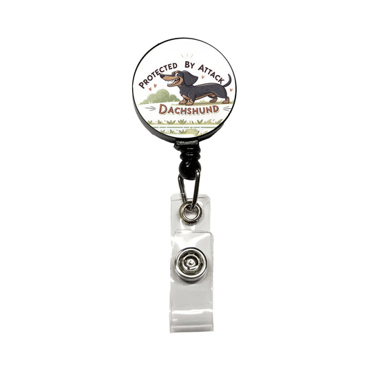 Protected By Attack Dachshund Funny Retractable ID Key Card Name Tag Badge Holder with Clip
