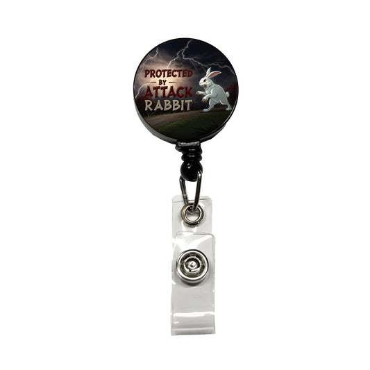 Protected By Attack Rabbit Vicious White Funny Bunny Retractable ID Key Card Name Tag Badge Holder with Clip