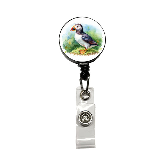 Puffin Bird Watercolor Retractable ID Key Card Name Tag Badge Holder with Clip