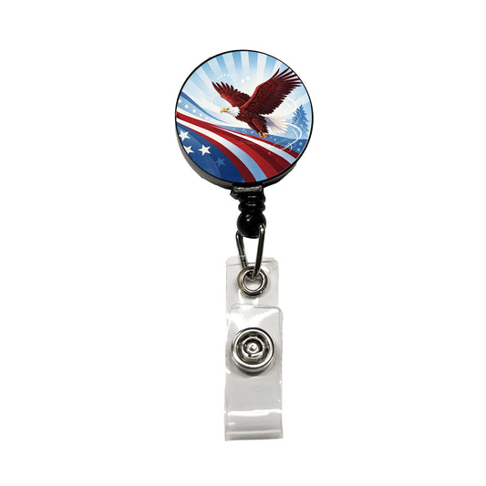 Red Blue White Patriotic Bald Eagle Retractable ID Key Card Name Tag Badge Holder with Clip