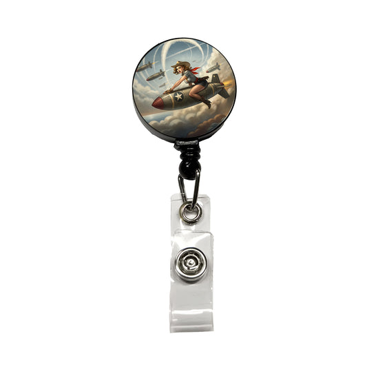 Rockabilly Patriotic Pin-Up Cowgirl Riding Bomb Funny Retractable ID Key Card Name Tag Badge Holder with Clip