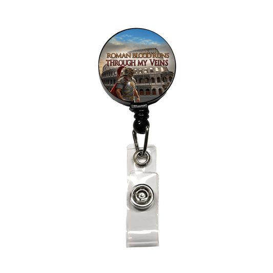 Roman Blood Runs Through My Veins Colosseum Italian Retractable ID Key Card Name Tag Badge Holder with Clip