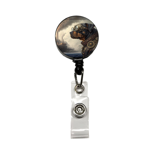 Rottweiler Dog Steampunk Retractable ID Key Card Name Tag Badge Holder with Clip