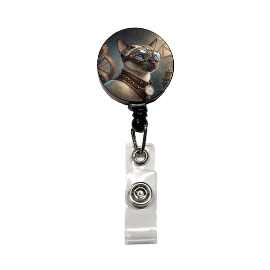 Siamese Cat Steampunk Retractable ID Key Card Name Tag Badge Holder with Clip