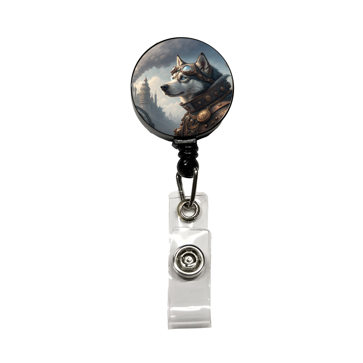 Siberian Husky Dog Steampunk Retractable ID Key Card Name Tag Badge Holder with Clip