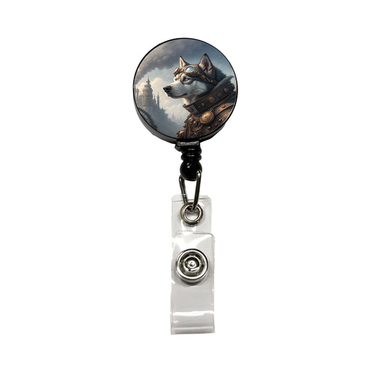 Siberian Husky Dog Steampunk Retractable ID Key Card Name Tag Badge Holder with Clip