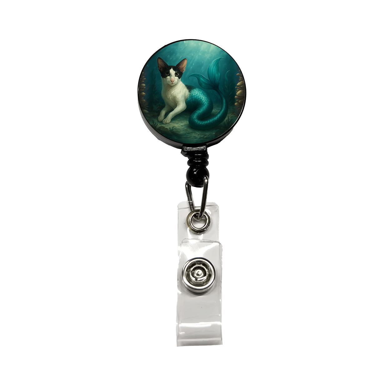 Vintage Oriental Shorthair Cat Mermaid Fantasy Painting Retractable ID Key Card Name Tag Badge Holder with Clip