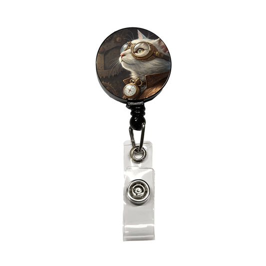 White Cat Steampunk Retractable ID Key Card Name Tag Badge Holder with Clip