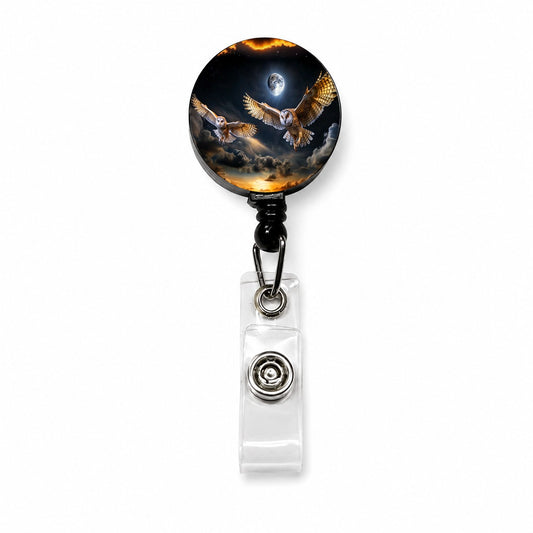 Barn Owls Flying At Night Retractable ID Key Card Name Tag Badge Holder with Clip