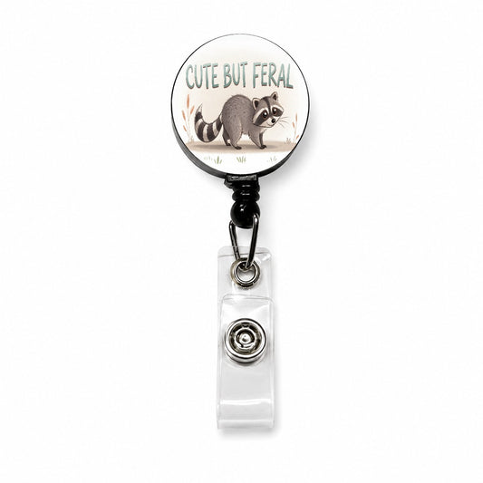 Cute But Feral Funny Raccoon Retractable ID Key Card Name Tag Badge Holder with Clip