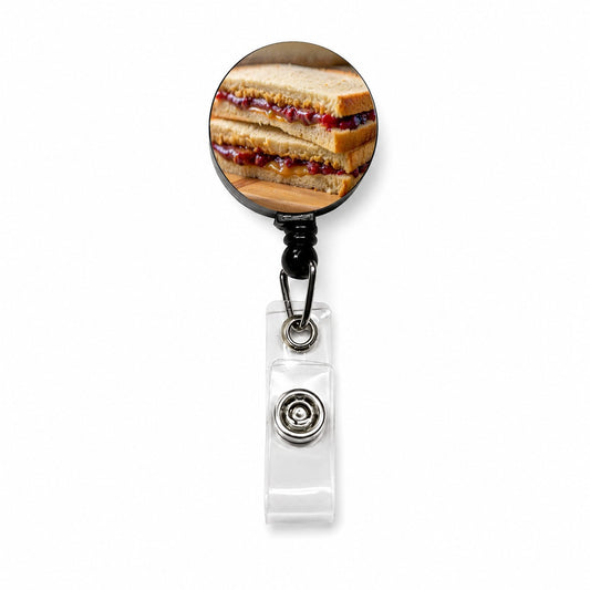 Close-up of a PB&J Peanut Butter And Jelly Sandwich Retractable ID Key Card Name Tag Badge Holder with Clip