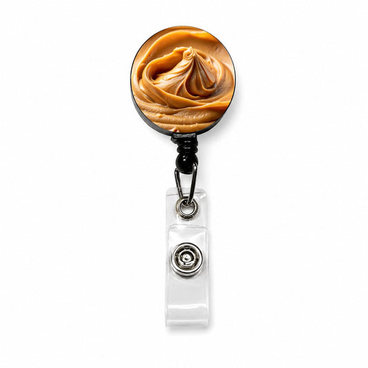 Close-up of Creamy Peanut Butter Retractable ID Key Card Name Tag Badge Holder with Clip