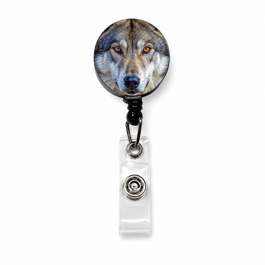 Close-up of Dire Wolf Face Retractable ID Key Card Name Tag Badge Holder with Clip
