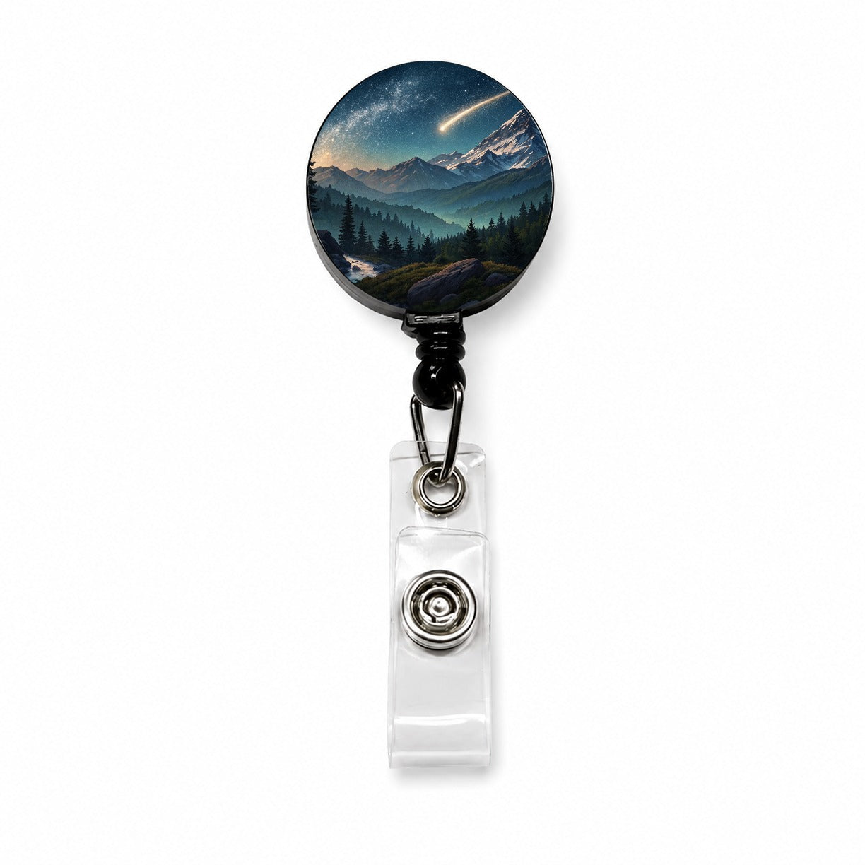 Comet Shooting Star In The Night Sky Over Mountains Retractable ID Key Card Name Tag Badge Holder with Clip
