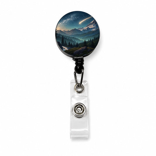 Comet Shooting Star In The Night Sky Over Mountains Retractable ID Key Card Name Tag Badge Holder with Clip