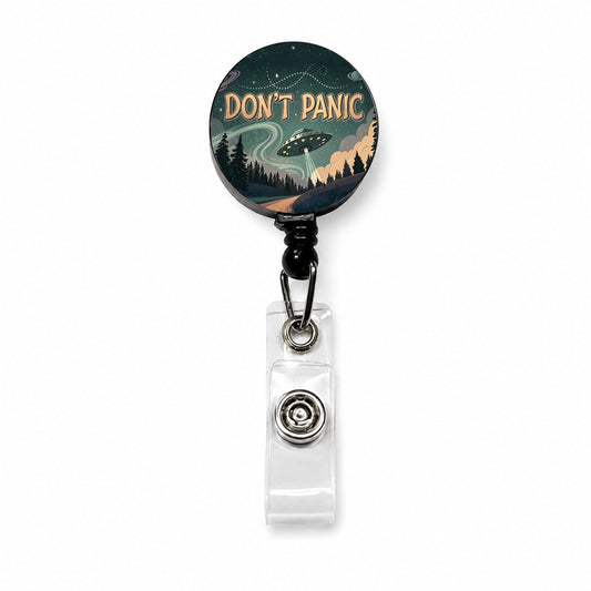 Don't Panic Retro UFO Invasion Funny Retractable ID Key Card Name Tag Badge Holder with Clip