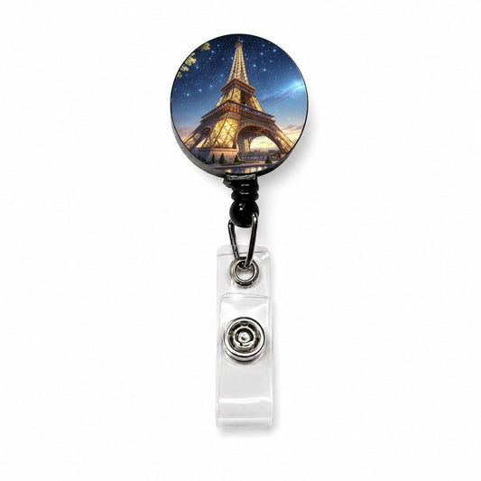 Eiffel Tower Paris At Night Illustration Retractable ID Key Card Name Tag Badge Holder with Clip