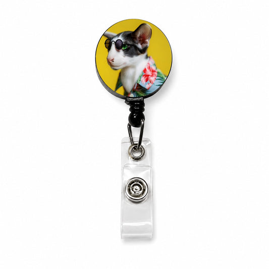 Funny Cat With Glasses And Hawaiian Shirt Retractable ID Key Card Name Tag Badge Holder with Clip