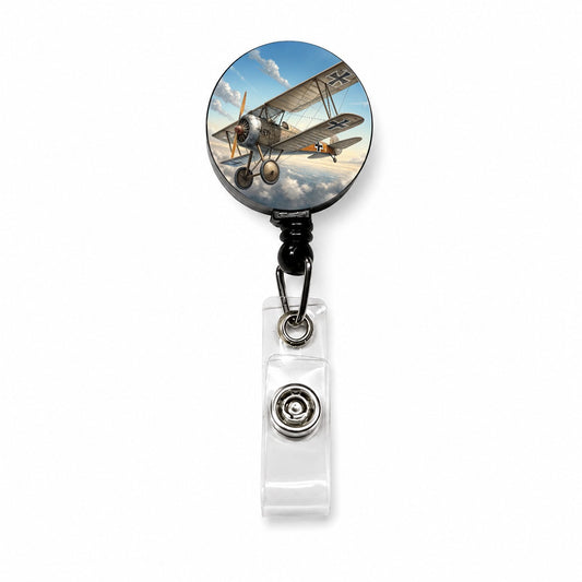 German WWI Biplane In Flight Retractable ID Key Card Name Tag Badge Holder with Clip