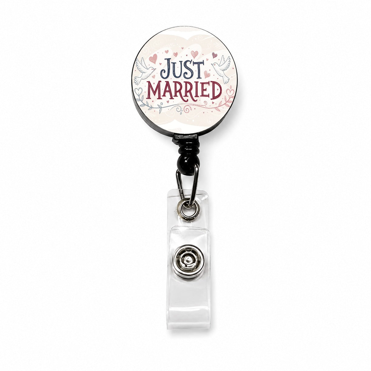 Just Married Doves Hearts Retractable ID Key Card Name Tag Badge Holder with Clip