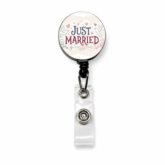 Just Married Doves Hearts Retractable ID Key Card Name Tag Badge Holder with Clip