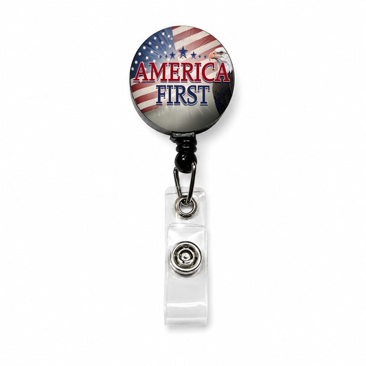 Patriotic America USA American Flag Bald Eagle Retractable ID Key Card Name Tag Badge Holder with Clip