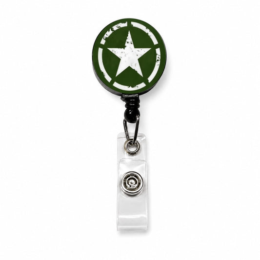 Rustic White Army Star On Olive Green Retractable ID Key Card Name Tag Badge Holder with Clip