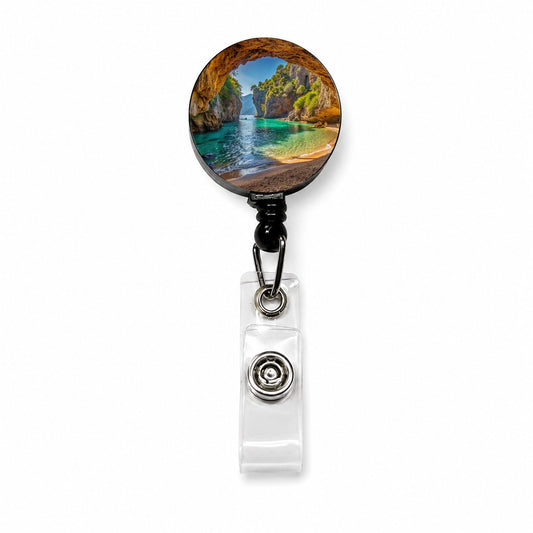 Tropical Beach In A Hidden Grotto Retractable ID Key Card Name Tag Badge Holder with Clip
