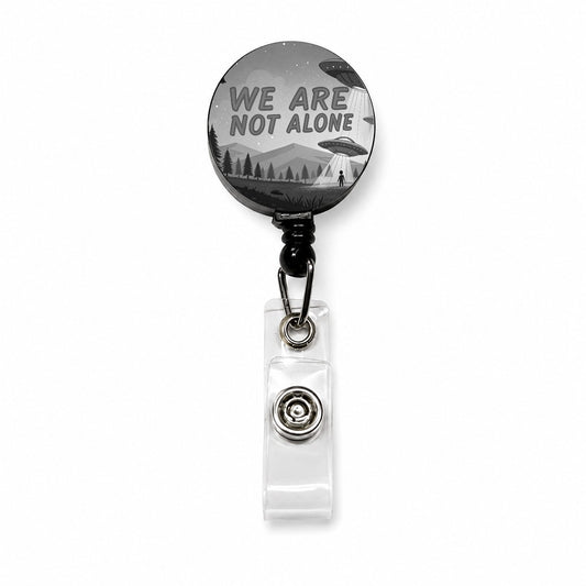 We Are Not Alone Funny Retro UFO Black And White Retractable ID Key Card Name Tag Badge Holder with Clip