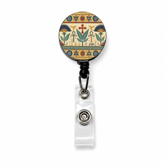 Ancient Egyptian Pattern Ankh Retractable ID Key Card Name Tag Badge Holder with Clip