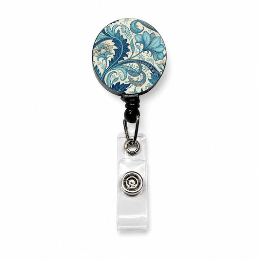 Art Nouveau Blue Leaf Flowers Retractable ID Key Card Name Tag Badge Holder with Clip