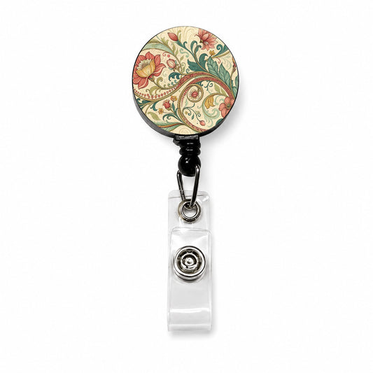 Art Nouveau Flower Leaf Pattern Retractable ID Key Card Name Tag Badge Holder with Clip