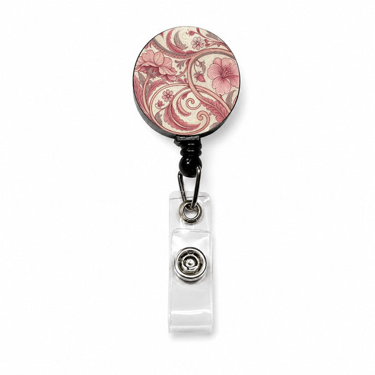 Art Nouveau Pattern Pink Leaf Flowers Retractable ID Key Card Name Tag Badge Holder with Clip