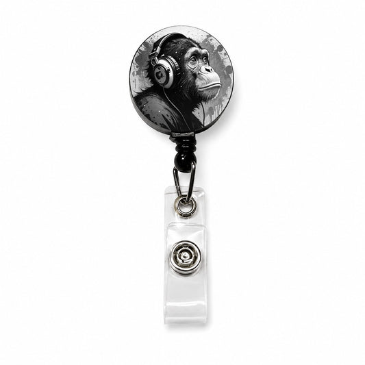 Artsy B&W Monkey with Headphones Retractable ID Key Card Name Tag Badge Holder with Clip