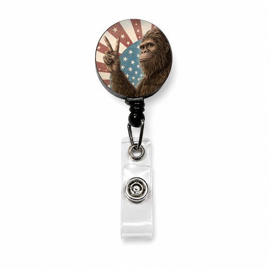 Bigfoot Giving Peace Sign Rising American Flag Retractable ID Key Card Name Tag Badge Holder with Clip