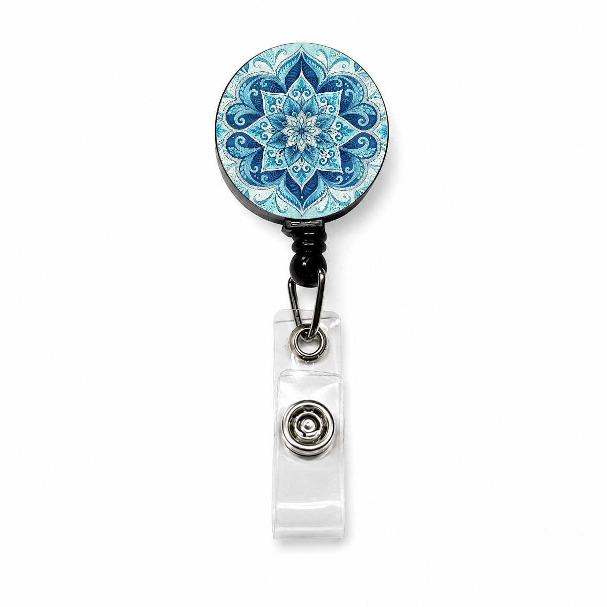 Blue Symmetrical Artistic Floral Pattern Retractable ID Key Card Name Tag Badge Holder with Clip
