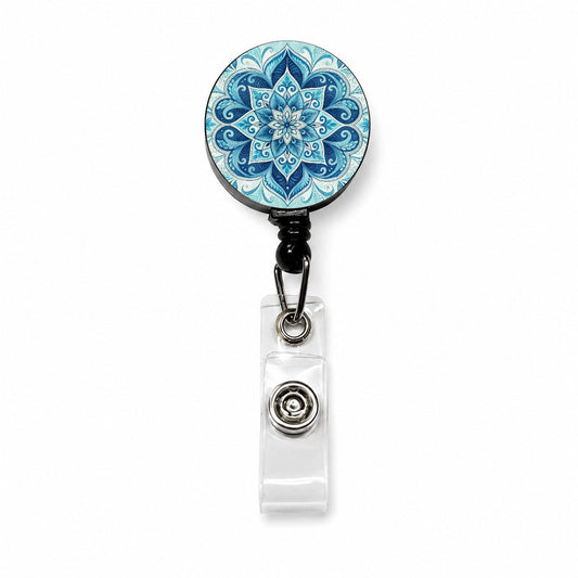 Blue Symmetrical Artistic Floral Pattern Retractable ID Key Card Name Tag Badge Holder with Clip