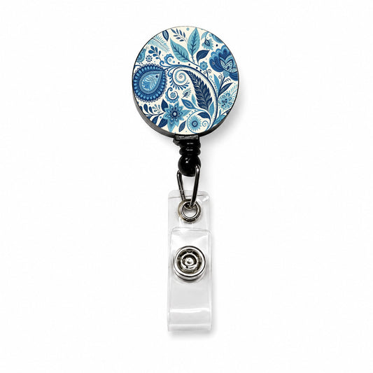 Blue Traditional Folk Art Floral Pattern Retractable ID Key Card Name Tag Badge Holder with Clip