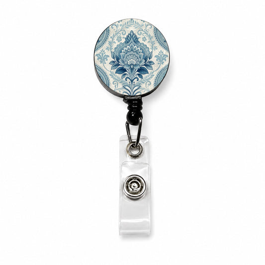 Blue Victorian Decorative Floral Pattern Retractable ID Key Card Name Tag Badge Holder with Clip