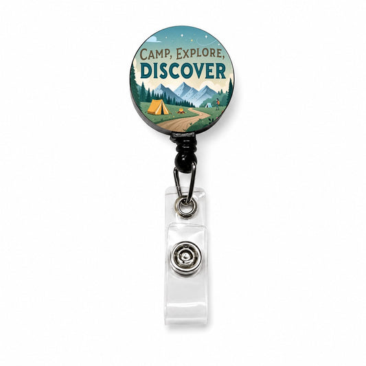 Camp Explore Discover Text Camping And Hiking Retractable ID Key Card Name Tag Badge Holder with Clip