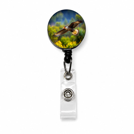 Caracara Raptor in Flight Retractable ID Key Card Name Tag Badge Holder with Clip