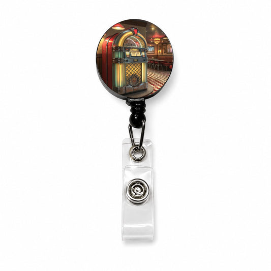 Classic Diner Jukebox Retractable ID Key Card Name Tag Badge Holder with Clip