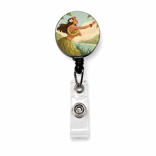 Dancing Hawaiian Hula Girl in Grass Skirt Retractable ID Key Card Name Tag Badge Holder with Clip