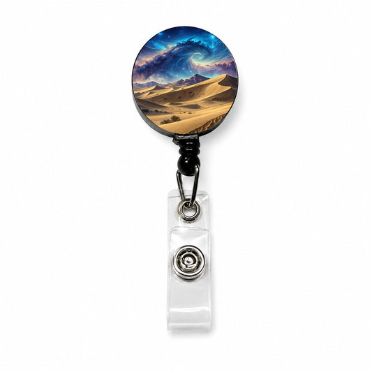 Desert Sand Dunes Under Blue Nebula Sci-Fi Retractable ID Key Card Name Tag Badge Holder with Clip