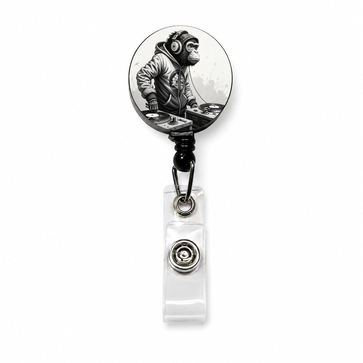DJ Monkey with Headphones B&W Retractable ID Key Card Name Tag Badge Holder with Clip